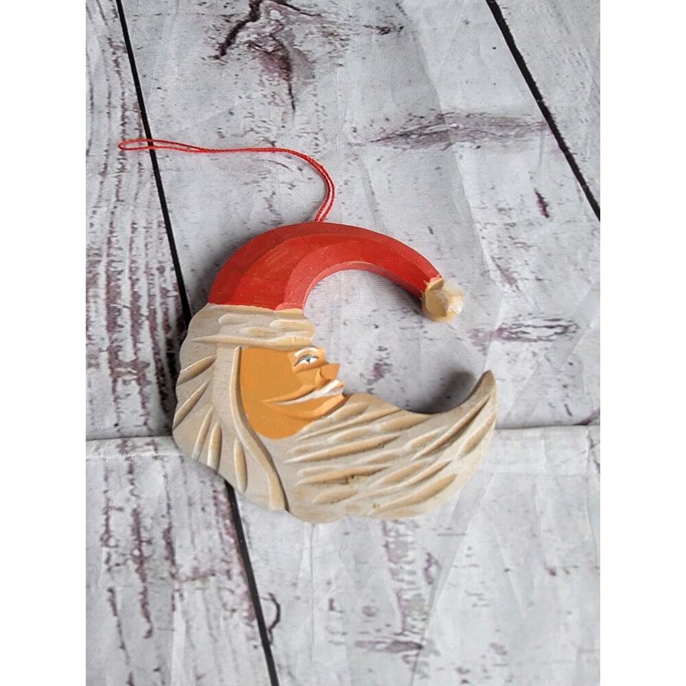 Wooden Half Moon Santa Claus Hand Carved Christmas Ornament Decoration